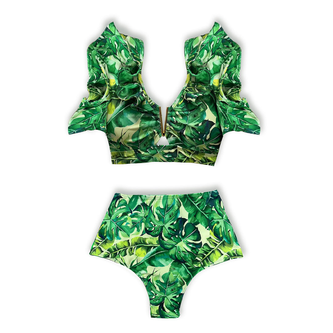 Dame bikini-sæt med voluminøse flæseærmer og blomstret design Stilla