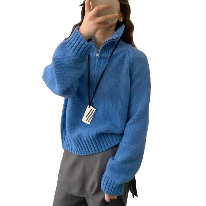 Kvinders fashionable strikket sweater med høj krave og lynlås Stilla