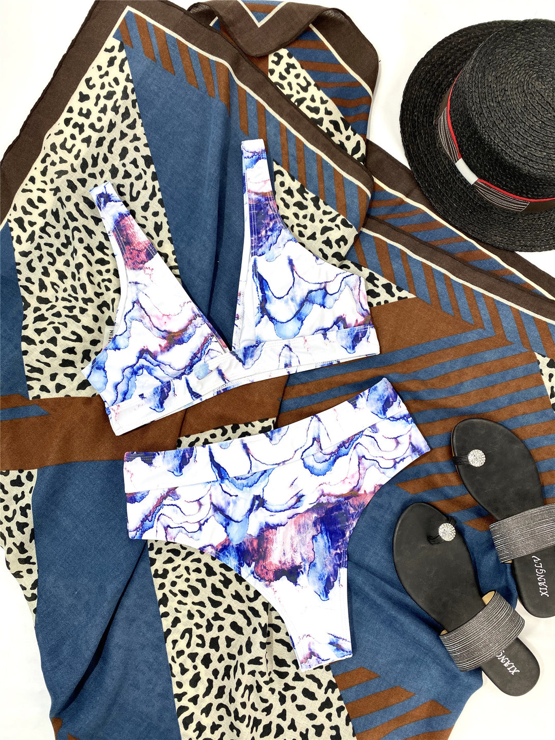 Dame Højtaljet Bikini-Sæt med marmoriseret Design Stilla