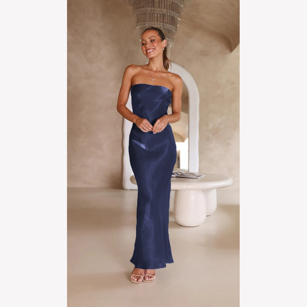 Dame Elegant Bandeau Maxi Kjole med Flydende Satin og Tætsiddende Silhuet