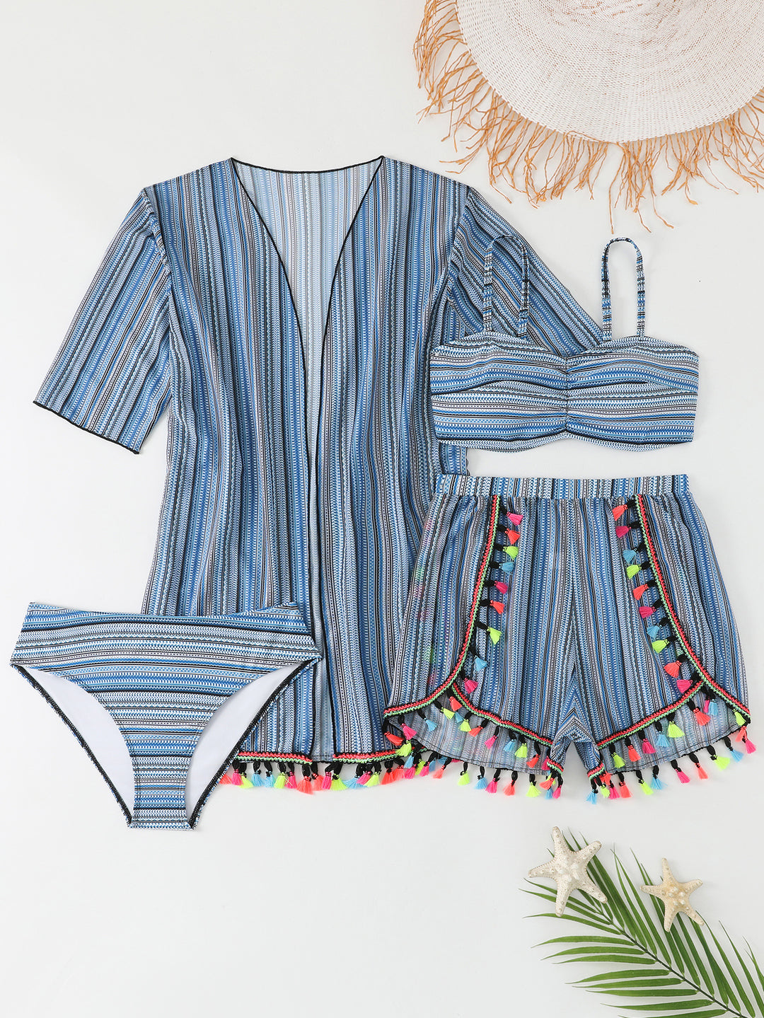 Dame Bikiniset med trendy strandkimono og farverige kvaster Skovae