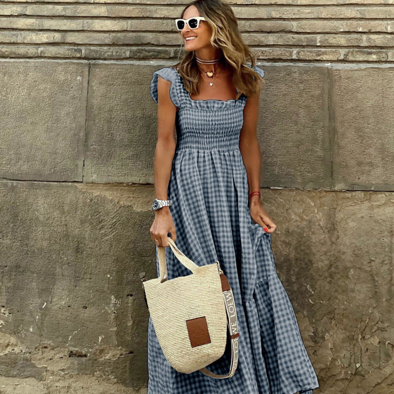 Dame Gingham Smocked Maxikjole med Ruffleærmer Stilla