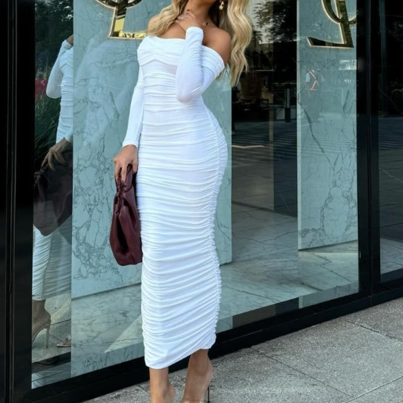 Dame figursyet Maxi-kjole med Off-Shoulder design og rynk Stilla
