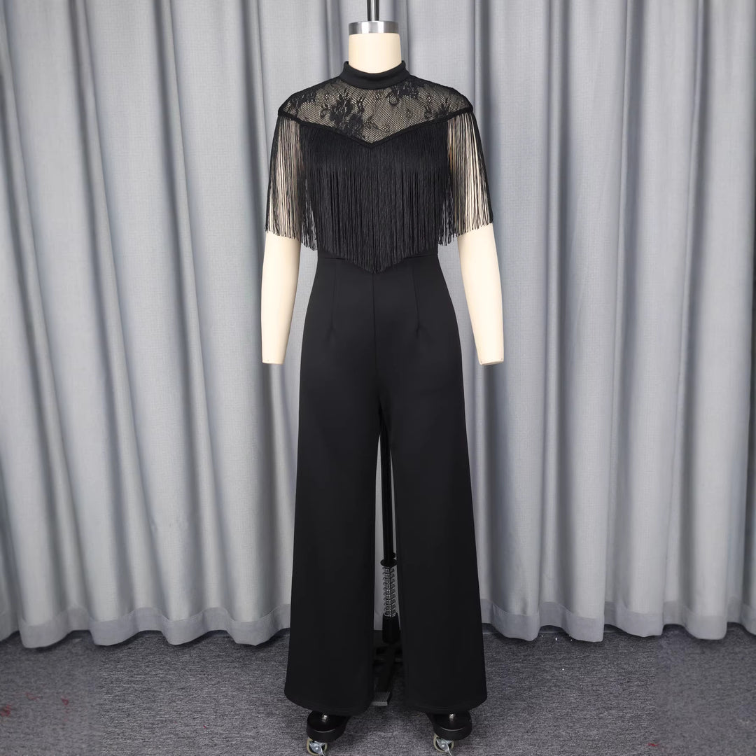 Dame elegant jumpsuit med frynsende spidseindsats Skovae