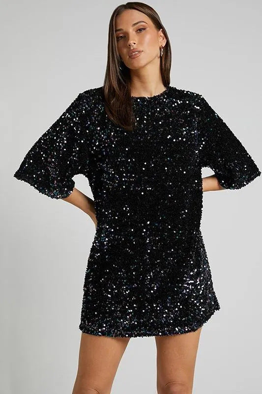 Dame Glamourøs Minikjole med glitrende pailletter og oversized ærmer Stilla