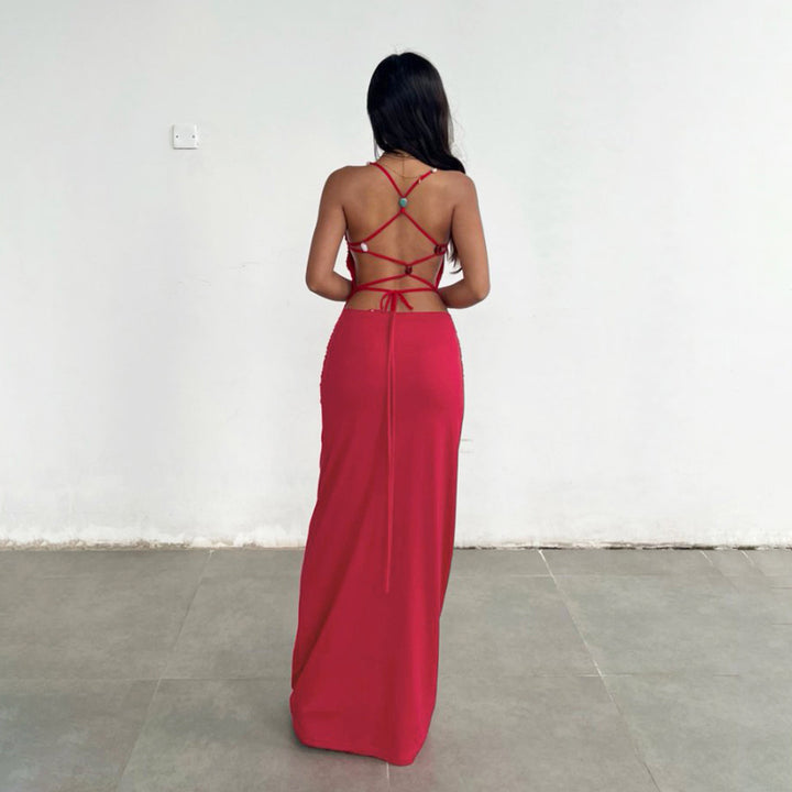Damen elegantes Maxikleid mit raffinierten Rüschendetails und verstellbaren Trägern Skovae