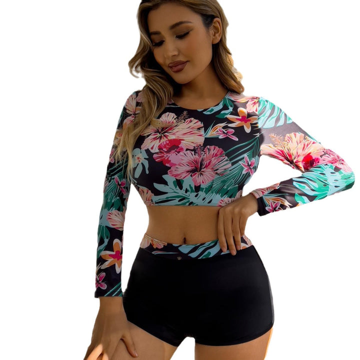 Dame sporty bikini top med lange ærmer og moderigtigt blomsterdesign Stilla