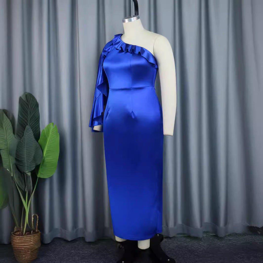 Dame elegant aften kjole med asymmetrisk flæseærme Skovae