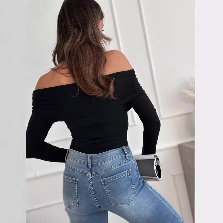 Dame Off-Shoulder Rynket Langærmet Top Stilla