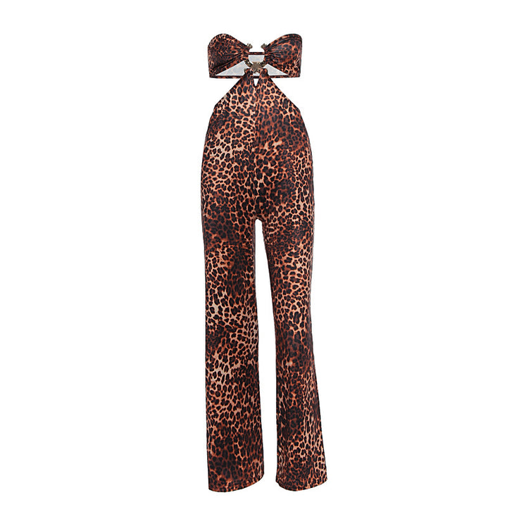 Dame jumpsuit med spændende leopardtryk og raffineret rygudskæring Skovae