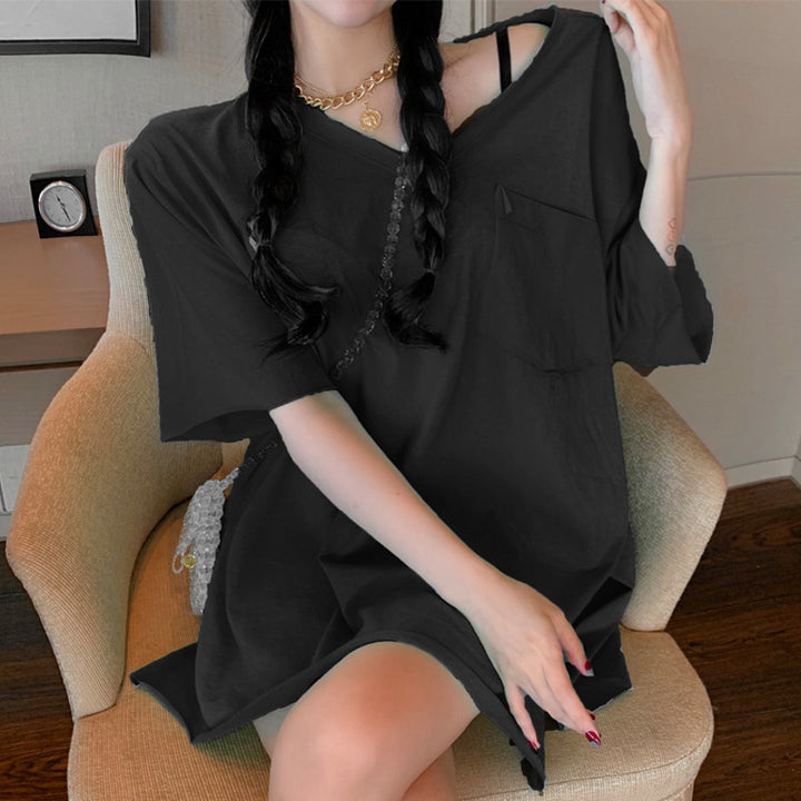 Dame Oversized V-Hals Top med Lomme-detaljer Stilla