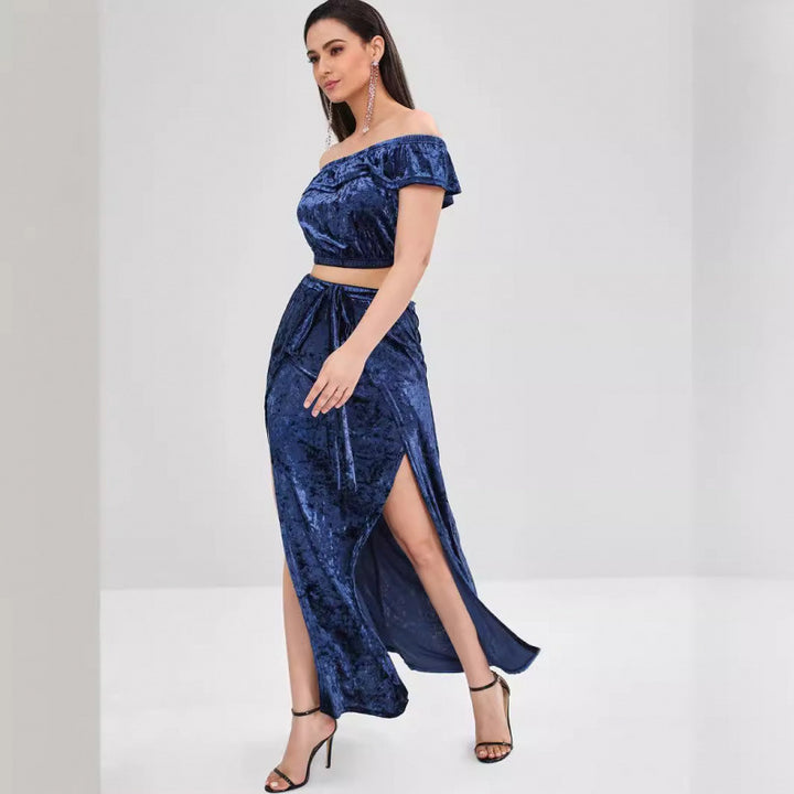 Dame Off-Shoulder Samt To-Delt Sæt Stilla