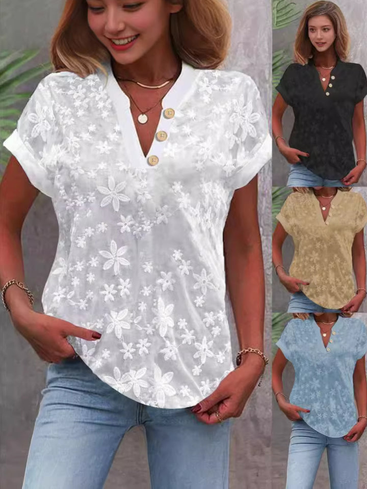 Dame elegant bluse med floralt broderidesign Stilla