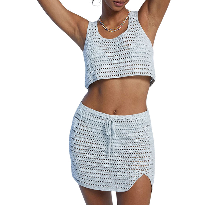 Dame hæklede strand-sæt med crop-top og miniskørt Skovae