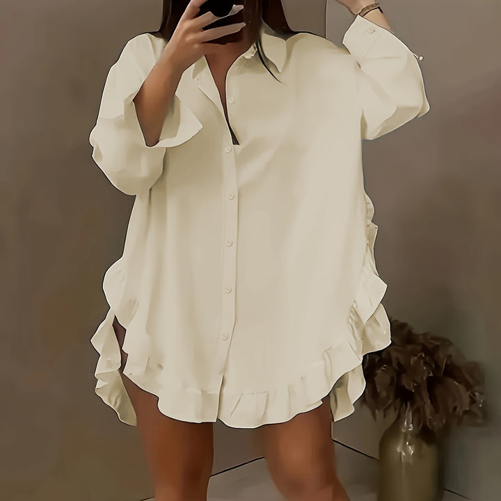 Damer Plus Size Skjortekjole med Flæse detaljer Stilla