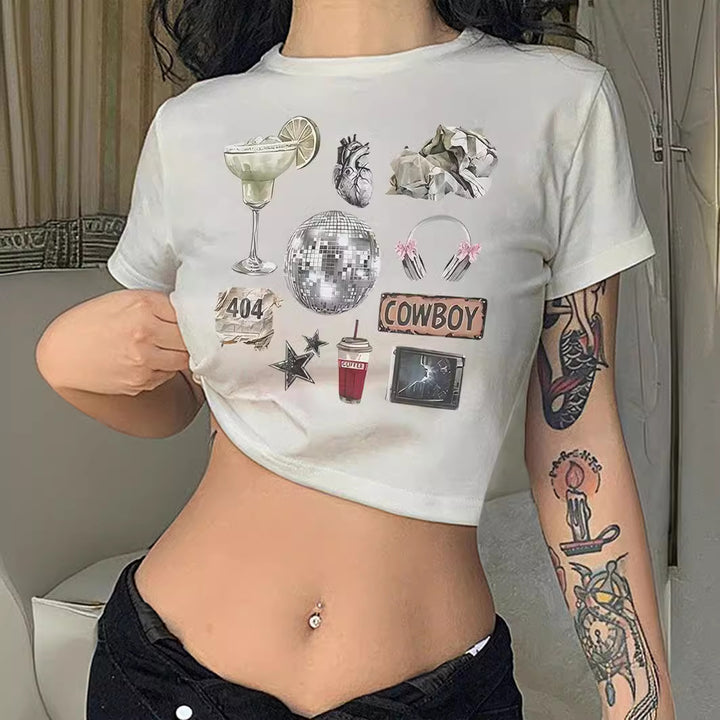 Dame Crop-T-Shirt med inspirerende tekst og stjerner-design Skovae