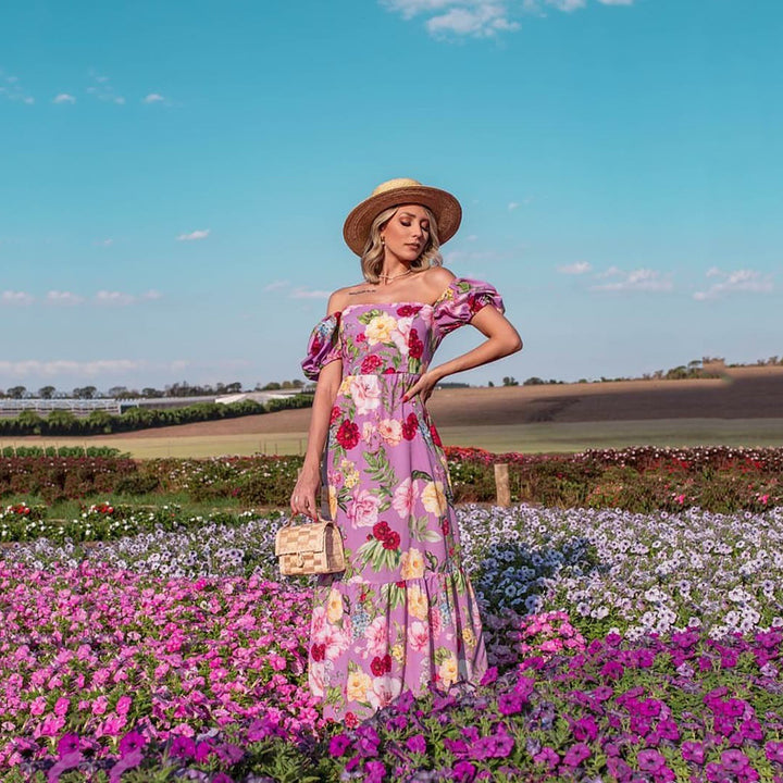 Dame Floral Maxikjole med Puffærmer og skinnende accenter Stilla