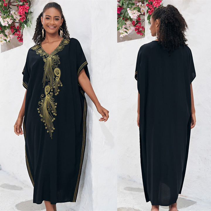 Dame Strandponcho med kunstnerisk guldbroderi-design Stilla