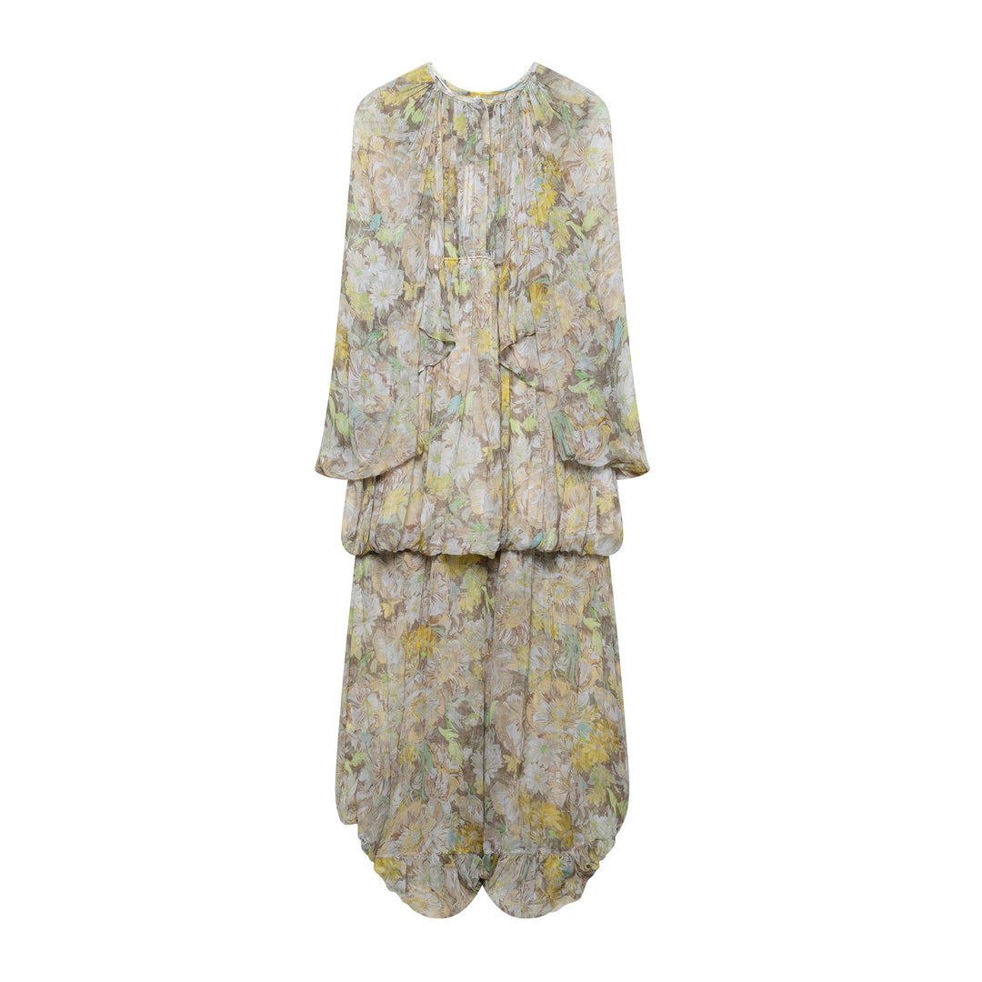 Dame Langeærmet Floral Maxi Kjole med Rynkedetaljer Stilla