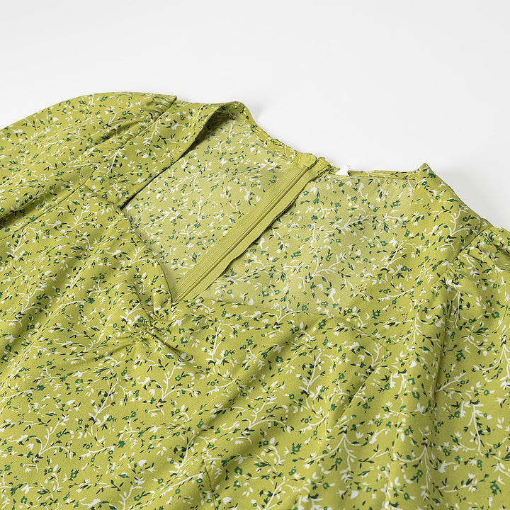 Dame Flowy Floral Midi Kjole med Puffærmer Stilla