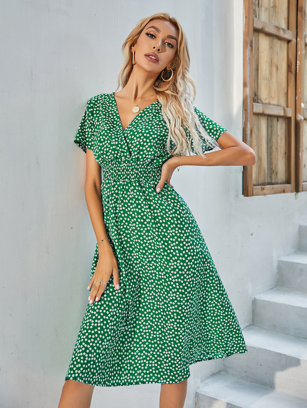 Dame Floral Print Smocked Waist Wickelkjole Stilla