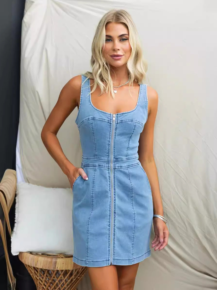 Dame Denim Kjole med Lynlås og Praktiske Lommer Stilla