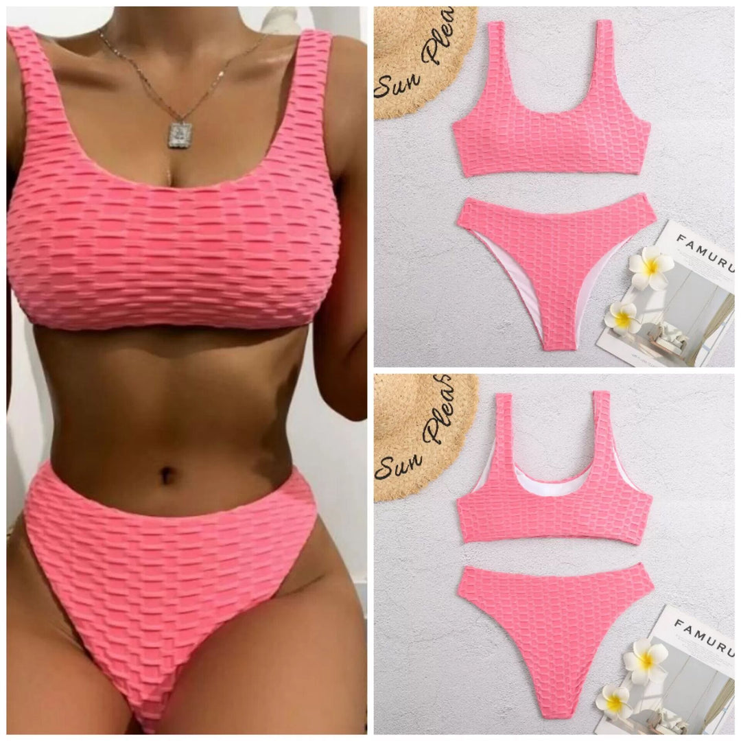 Dame Tekstureret Højskåret Bikini Sæt Stilla