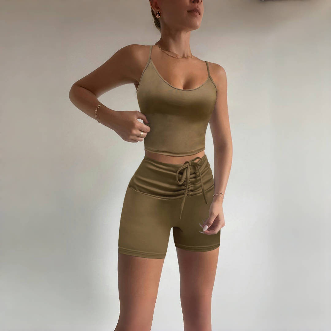 Dame Sporty Top- og Shorts-Sæt med justerbar talje og elastisk materiale Skovae