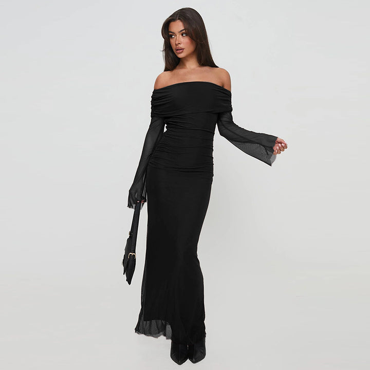 Kvinder Elegant Off-Shoulder Maxi Kjole med Sofistikeret Flæse Design Stilla