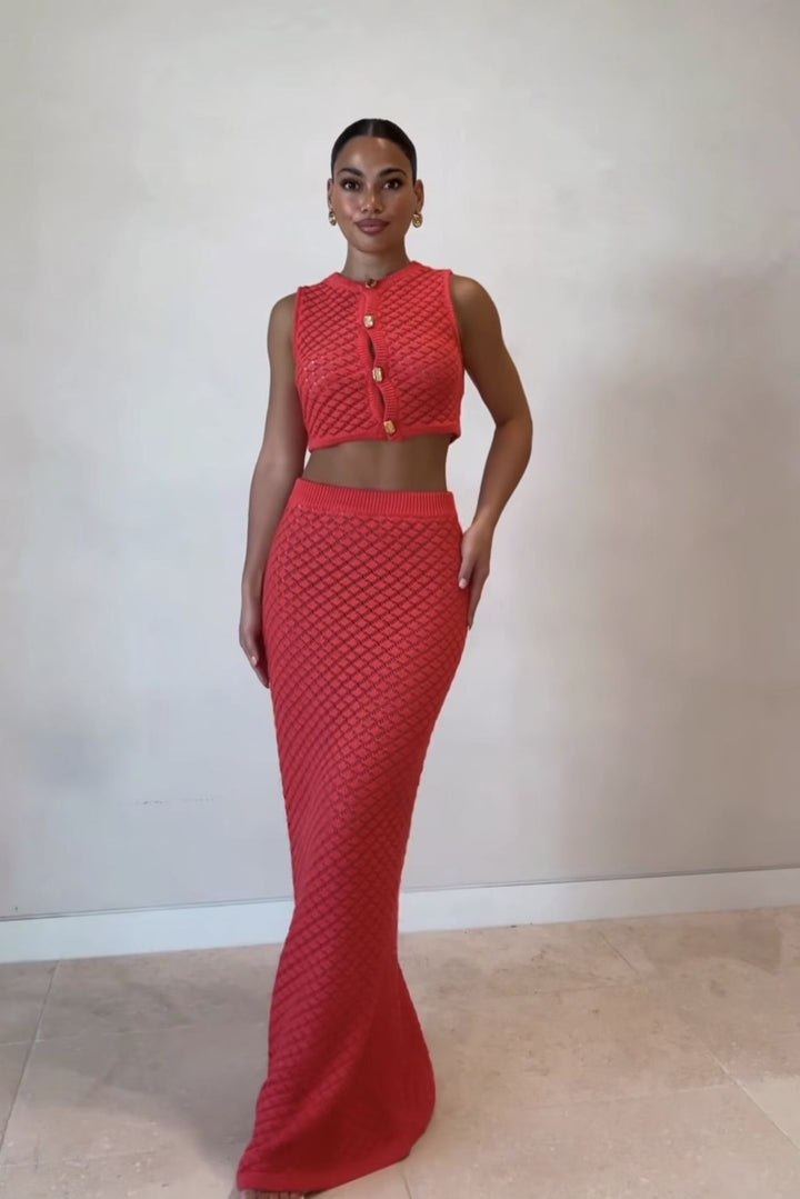 Dame-sæt med hudvenligt crop-top og lang nederdel Skovae
