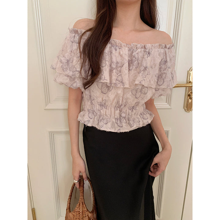 Dame Off-Shoulder Bluse med flæsedetaljer og blomstermønster Stilla