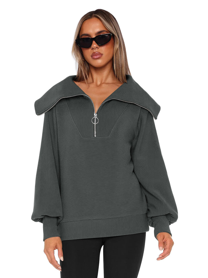 Dame Oversized Sweatshirt med elegant krave og lynlås Stilla