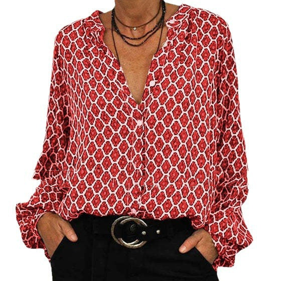 Damebluse med geometrisk tryk og moderne ståkrave Stilla