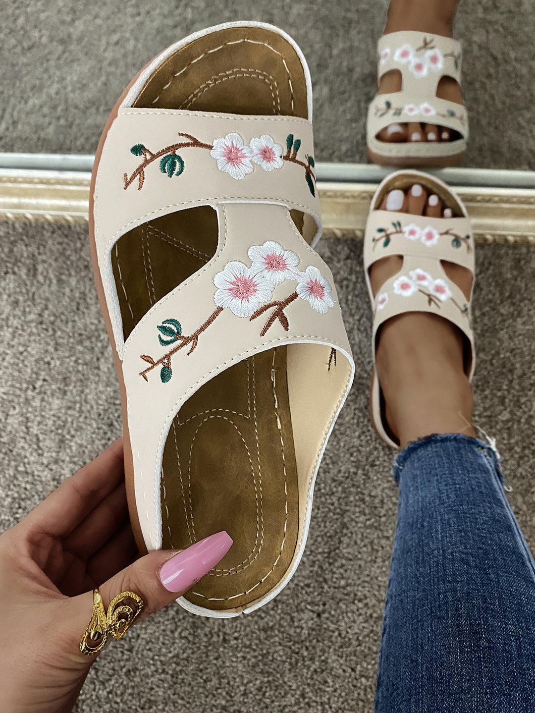 Dame komfortable pantofler med blomstermotiv og anatomisk fodseng Stilla