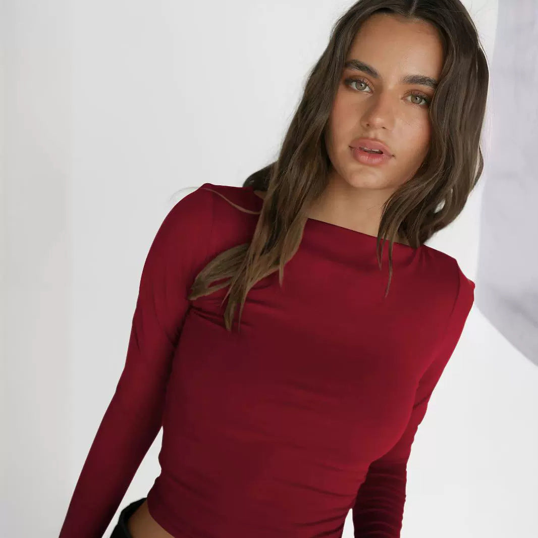 Dame Langærmet Crop-Top med figursyet snit og strækbart materiale Stilla