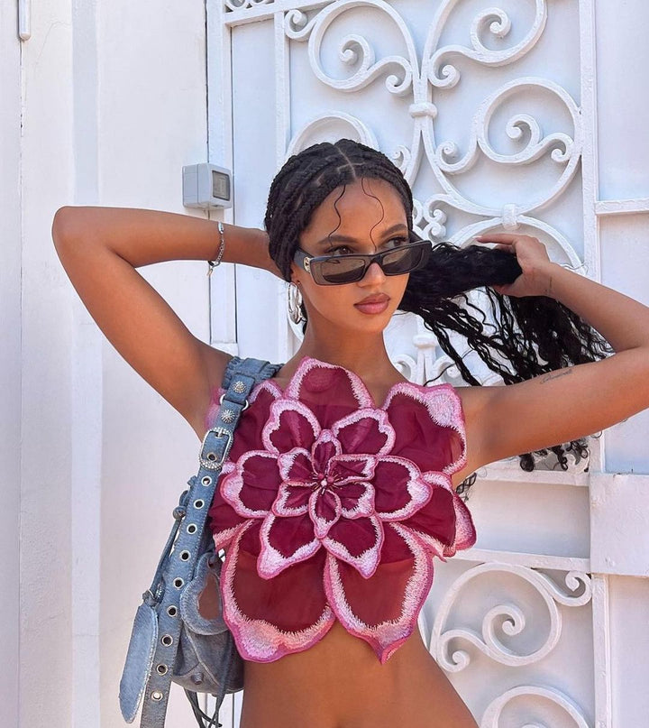 Dame Blomster-Crop-Top med 3D blomsterapplikationer og gennemsigtigt stof Skovae