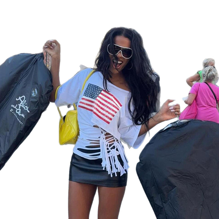 Dame casual crop top med amerikansk flaggemotiv og moderigtigt frynsedesign Skovae