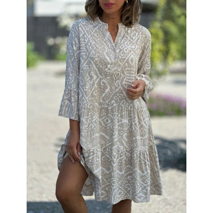 Stilla | Chic V-hals Flared Sleeve Cake Print Spliced Kjole