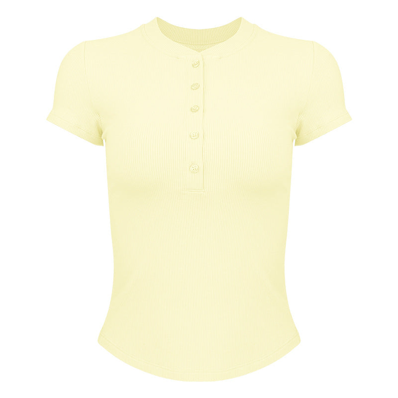 Dame moderne kortærmet Henley-shirt med knaplukning og fin ribstruktur Stilla