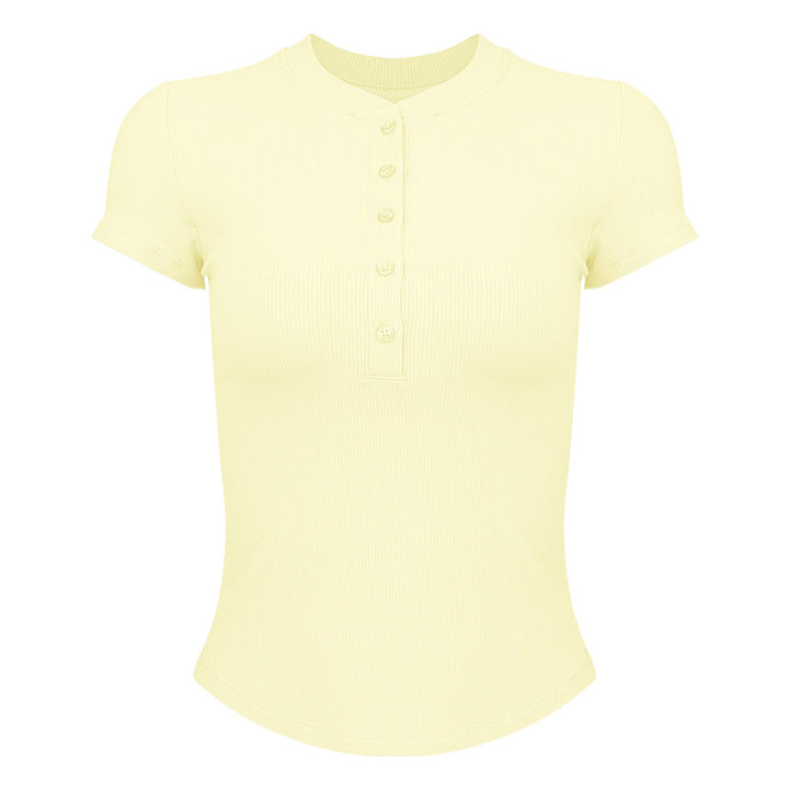 Dame moderne kortærmet Henley-shirt med knaplukning og fin ribstruktur Stilla
