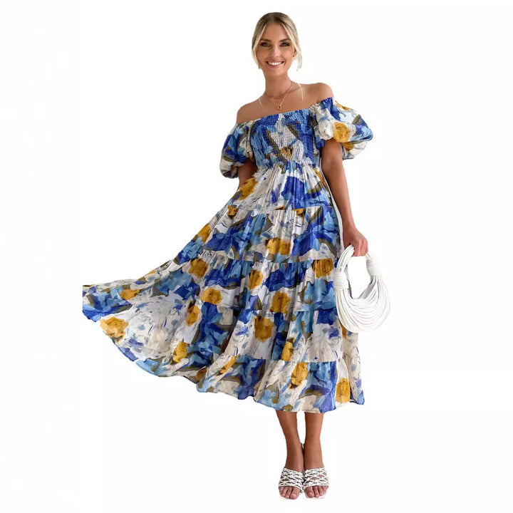 Dame sommerlig maxi kjole med off-shoulder skæring og luftige pufærmer Stilla