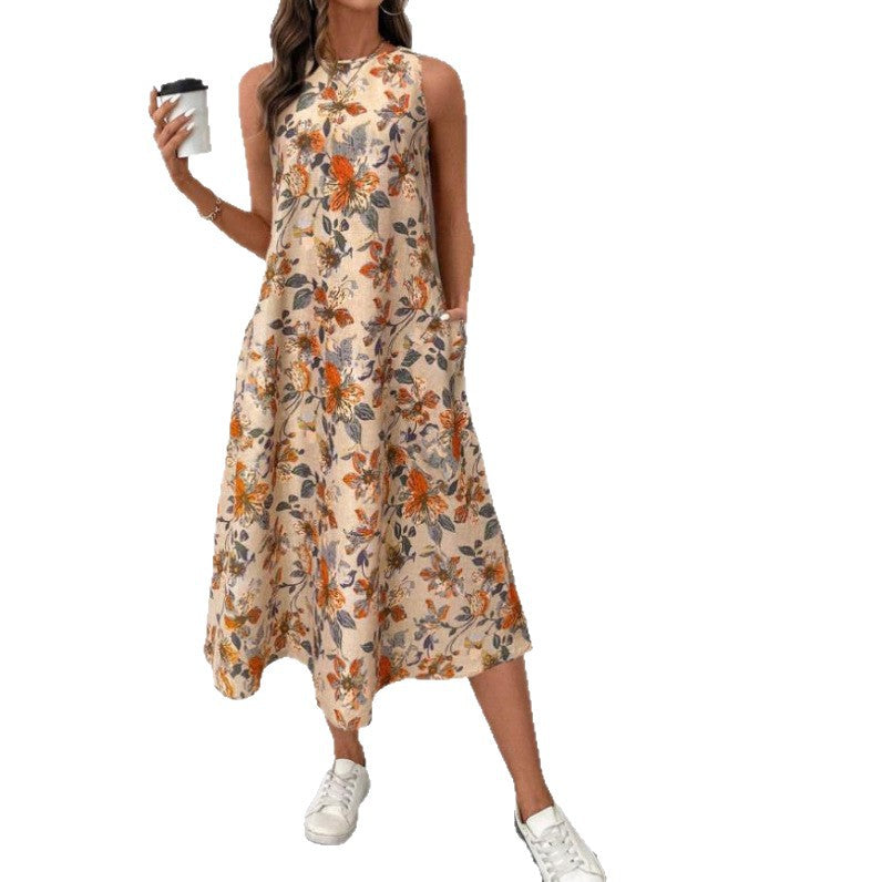 Dame Floral Print Midi Kjole med Sidelommer Stilla