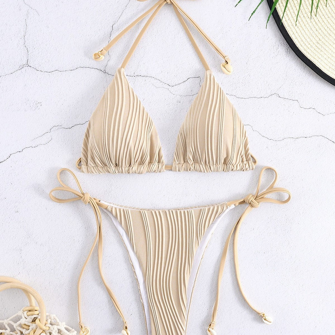 Dame Rib-Trekanth-Bikini-Sæt med justerbare Bindebånd Stilla1750243489
