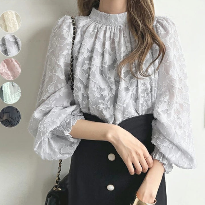Dame elegant bluse med buketter og voluminøse ærmer Stilla