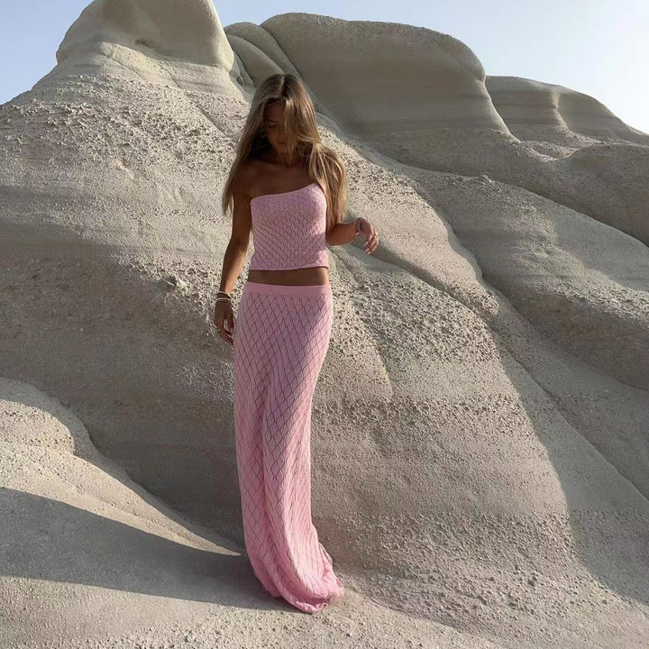 Dame Strikket Crop Top og Maxi Nederdel Sæt Stilla
