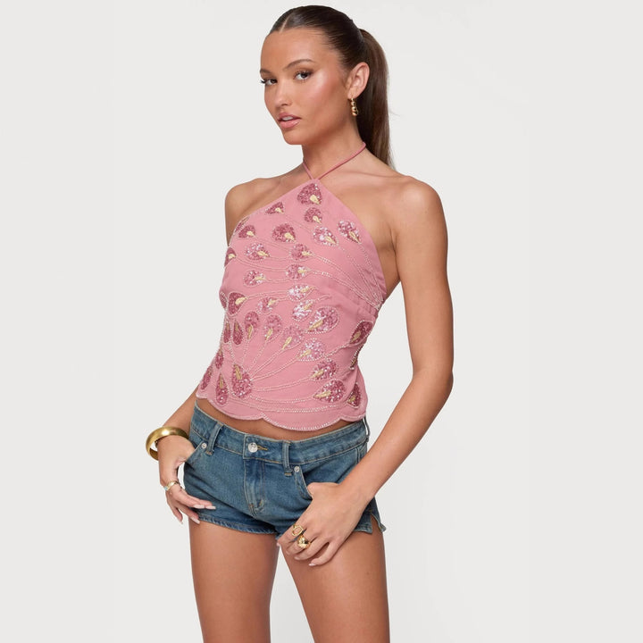 Dame Glitrende Halvtop med blomsterpailletten og fine stropper Skovae