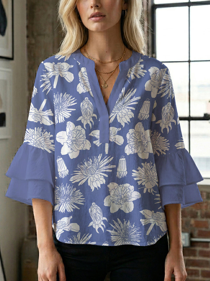 Dame elegant bluser med voluminøse rucheærmer og grafisk blomsterdesign Skovae