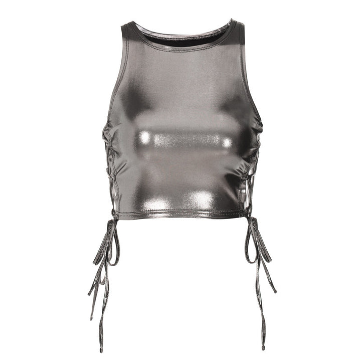 Dame Crop-Top i skinnende materiale med justerbare flæsedetaljer Stilla