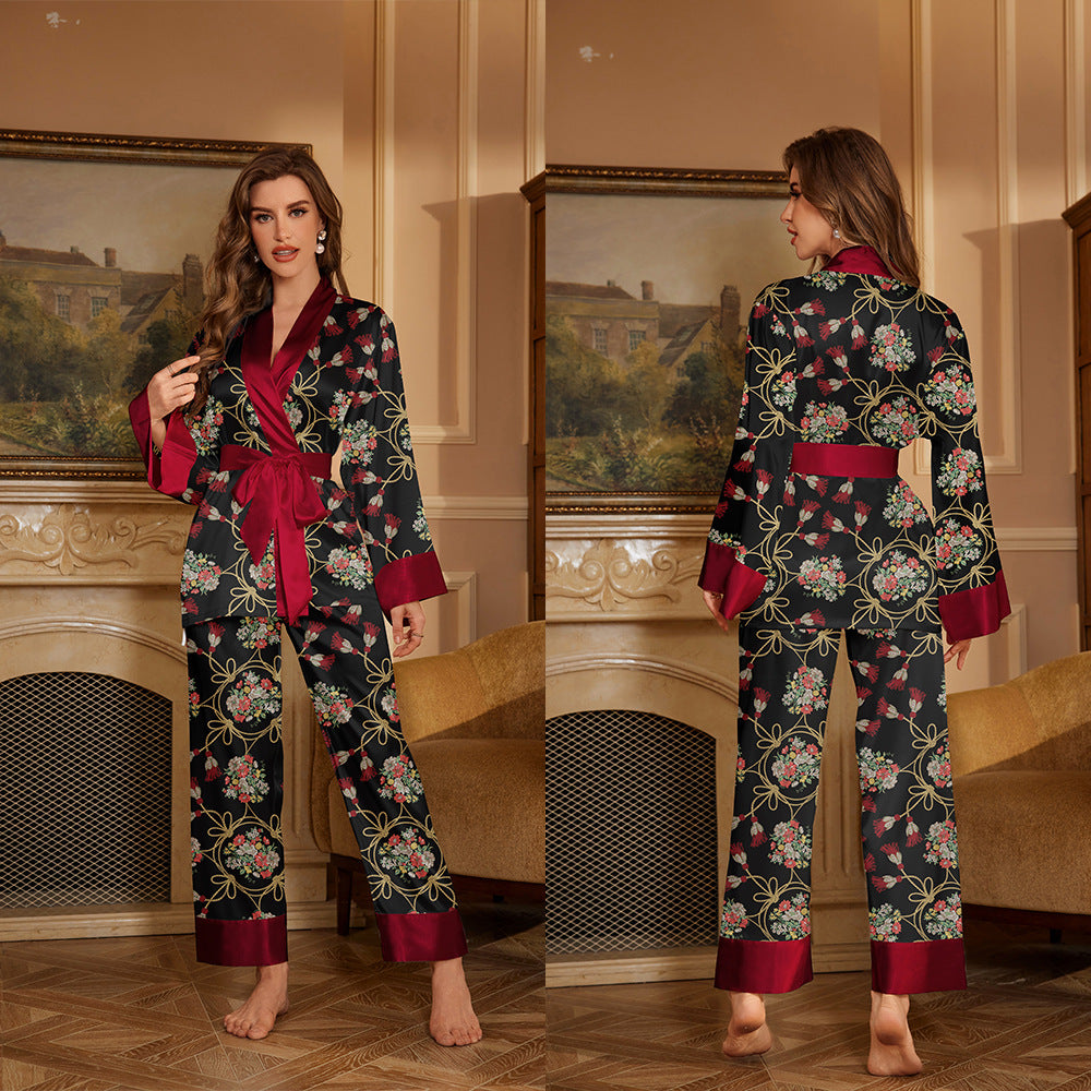 Dame Satin Pyjamas Sæt med blomsterprint og elegante detaljer Stilla