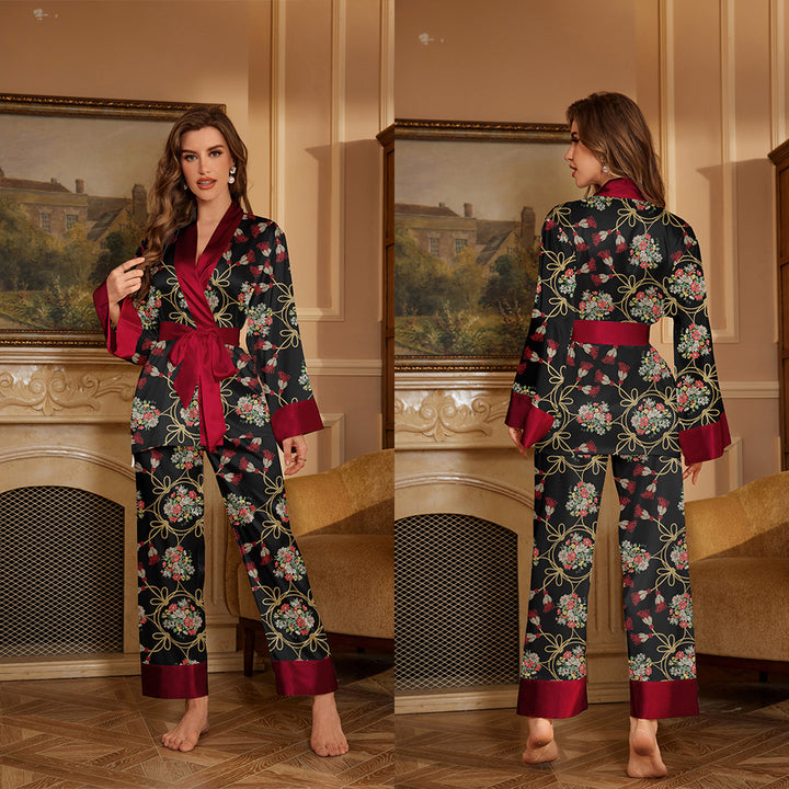 Dame Satin Pyjamas Sæt med blomsterprint og elegante detaljer Stilla